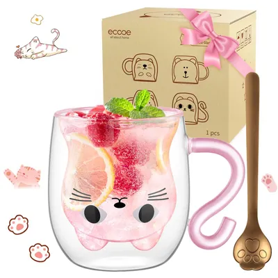 Productafbeelding van Dubbelwandig koffieglas - met kattenmotief - geschikt voor cappuccino, latte macchiato, thee en koude dranken - 290 ml