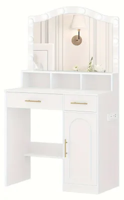 Productafbeelding van Makeuptafel - Kaptafel - Cosmeticatafel - Vanitafel - Schminktafel - Wit - LED-Verlichting - Oplaadstation