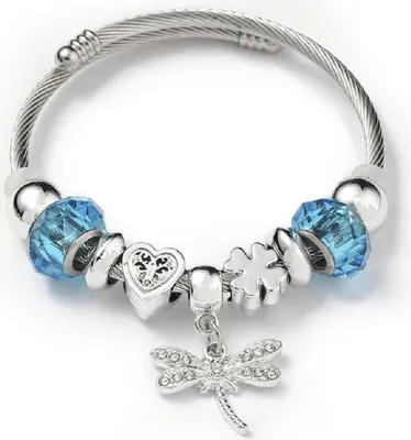 Produktbild von Charm-Armband mit blauen Kunststoffperlen & 10 Symbolanhängern – Edelstahl – wechselbare Designs Libelle