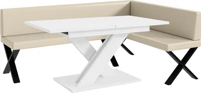Produktbild von MEBLINI Eckbank für Esszimmer mit ausziehbarem Tisch  - Küchenbank - Essecke - Sitzecke Küche - TONI - X-Beine 142x196x87cm Rechts - Creme Kunstleder/B Weiß Matt