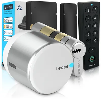 Produktbild von Tedee GO2 Alu Smart Lock Set mit Keypad PRO, Türsensor & EXXO Zylinder – Elektronisches Türschloss, Klasse 6, Fingerabdruck & PIN, Auto-Lock, Matter
