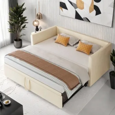 Obrázok produktu pre UnboxG Rozkladacia pohovka 90x200/180x200cm s výsuvným lôžkom, rozkladacia pohovka denné lôžko detská posteľ posteľ pre mládež s lamelovým roštom, denné lôžko zamat, béžová