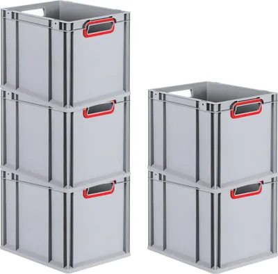 Produktbild von SparSet 5x Eurobox NextGen Color | HxBxT 32x30x40cm | 30 Liter | Griffe rot offen | Glatter Boden | Grau | Eurobehälter, Transportbox, Transportbehälter, Stapelbehälter