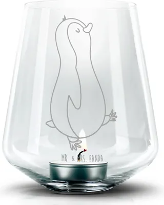 Produktbild von Mr. & Mrs. Panda Teelicht Glas Pinguin marschieren - Transparent - Geschenk, gravur, Teelichthalter, Kerzenhalter, Laterne, Familie, Bruder, Windlicht, Stolz, Schwester