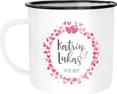 Produktbild von Emaille-Tasse mit eigenem Namen und Datum personalisierte Geschenke Liebesgeschenke Hochzeitsgeschenk SpecialMe® weiß-schwarz Emailletasse