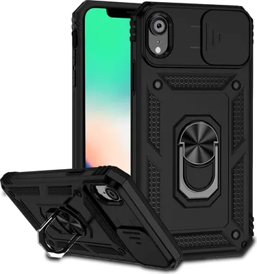 Image de Étui pour iPhone XR étui double couche avec couvercle coulissant pour appareil photo et support annulaire noir