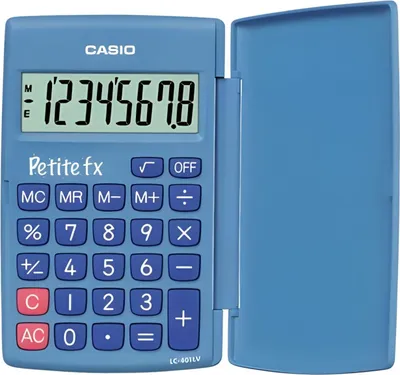 A blue Casio Petite FX calculator with its cover open, displayed on a white background.