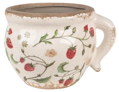 Productafbeelding van Clayre & Eef bloempot, 17x14x12 cm, beige, aardewerk, met aardbeienmotief