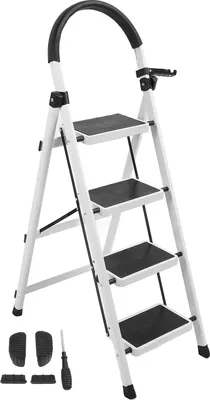 Immagine prodotto di Scala a 4 gradini con corrimano, sgabello pieghevole in acciaio spesso, portatile, robusto, per interni, bianco