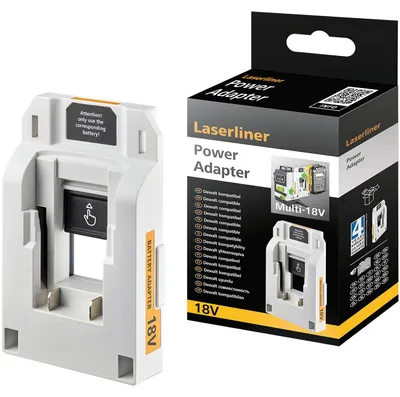 Obrázok produktu pre Laserliner PowerAdapter: Adaptér batérie pre zariadenia DeWalt 18V, kompatibilný s zariadeniami Laserliner Multi-18V, stupeň ochrany IP54, hmotnosť 84 g, kompatibilný s modelmi DCB 183G-XJ/184-XJ