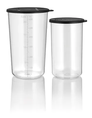 Das Unold ESGE-Zauberstab Becher 2er Set beinhaltet zwei durchsichtige Kunststoffbehälter (600 ml un