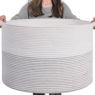 Image de Panier de rangement XXL, panier à linge, panier à jouets, en coton, avec corde et poignées, dimensions 55x35 cm, couleur blanche