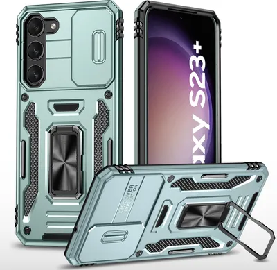 Produktbild von Galaxy S23+ Hülle, Schiebe Kamera Schutz und Ringhalter Ständer Dual Layer Stoßfest Schutzhülle für Samsung Galaxy S23+