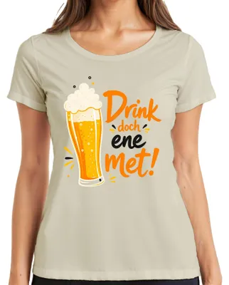 Zdjęcie produktu dla Koszulka damska z napisem "Drink doch ene met!" (co można przetłumaczyć jako "Wypijmy razem!") z motywem karnawału w Kolonii, piwem Kölsch, motywem "lustig" (zabawny) i motywem imprezy. Kolor: naturalny. Rozmiar: 3XL
