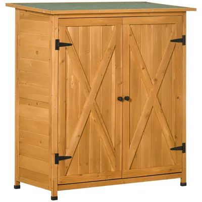 Produktbild von Outsunny Gartenschrank Holz Geräteschrank mit 2 Tür Geräteschuppen mit Asphaltdach Natur 110 x 55 x117 cm