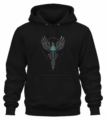 Imagen del producto de Sudadera con capucha, diseño de vikingos, con motivos de águilas, runas, triskeliones (triquetra) celtas y nórdicos, y la palabra "Valhalla". Color: . Talla: L