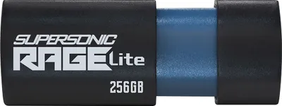 A close-up studio shot of a black and blue USB flash drive.