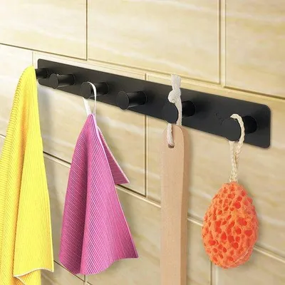 Produktbild von Schwarze Kleiderhaken - selbstklebend und schrauben - 6 Haken für Kleidung, Hüte, Schals, Handtaschen und Handtücher