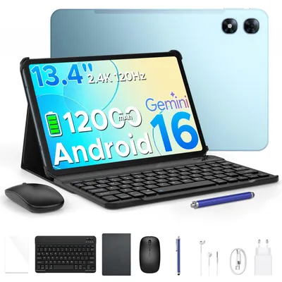 Productafbeelding van P13 Pro 4G LTE Tablet met dubbele SIM-kaart. Android 16, 13,4" scherm met 2.4K resolutie en 120Hz, 48GB (12+36) RAM + 256GB ROM (uitbreidbaar tot 2TB met TF-kaart), 12000mAh batterij, Widevine L1, Gemini AI – inclusief toetsenbord, muis en stylus