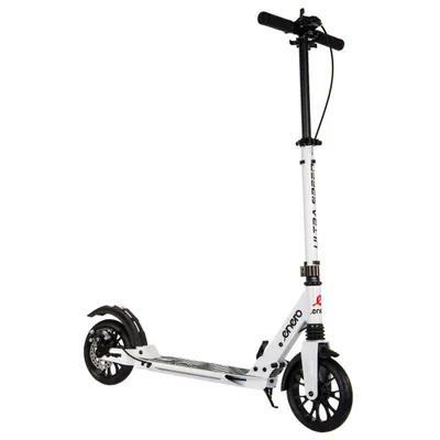 A white and black kick scooter is shown against a white background.