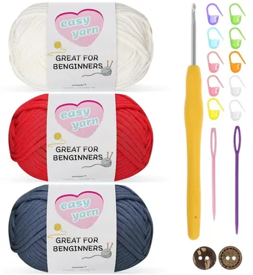 Immagine prodotto di Set di filato per uncinetto, 3 gomitoli da 50g ciascuno, in cotone, nei colori blu, bianco e rosso, con uncinetto da 3,5 mm