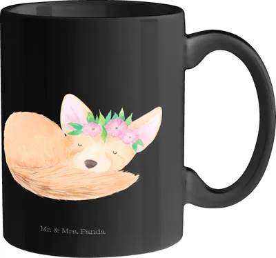 Produktbild von Mr. & Mrs. Panda Tasse Wüstenfuchs Blumen - Schwarz - Geschenk, Wüste, Blumenkranz, Kaffeebecher, Teetasse, Kaffeetasse, Pott, Glücklich, Afrika, Becher
