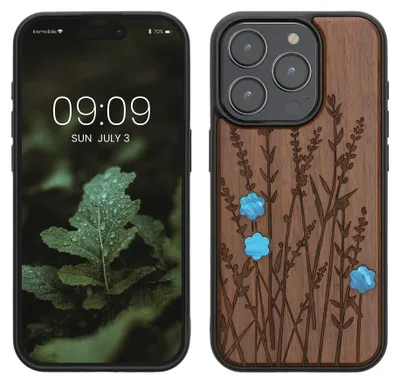 Produktbild von kwmobile Hülle kompatibel mit iPhone 15 Pro Hülle - Holz Case - Handy Cover - TPU Handyhülle in Dunkelbraun Perlmutt-Lavendel