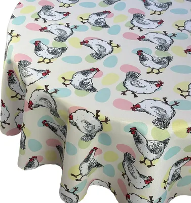 Produktbild von Tischdecke Fleckenabweisende Ostern Druck Runde Huhn Und Ei Bunte Ostereier Rosa Blau Gelb Durchmesser: Ø 130 cm