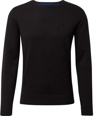 A black long-sleeved sweater is shown against a white background.