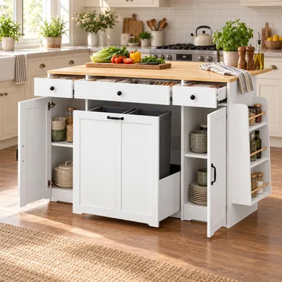 Imagen del producto de Mueble aparador Merax, isla de cocina, carro de servicio con 3 cajones y 2 puertas, armario de cocina con encimera de madera, aparador, mesa de servicio, blanco y color natural