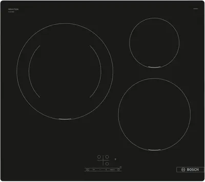 Top-down view of a black induction hob with three cooking zones and control panel.