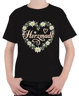 Obrázek produktu pro Tričko s motivem "Herzmadl Edelweiss Blumenherz Tracht Bayern Wiesn Lederhose Alpen" pro děti, barva černá, velikost 152