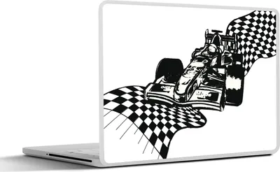 Produktbild von MuchoWow® Laptop Aufkleber Sticker Cover Ein Rennwagen aus der Formel 1 mit einer Zielflagge in einer Illustration 40x30 cm - Laptop Dekoration - Selbstklebend