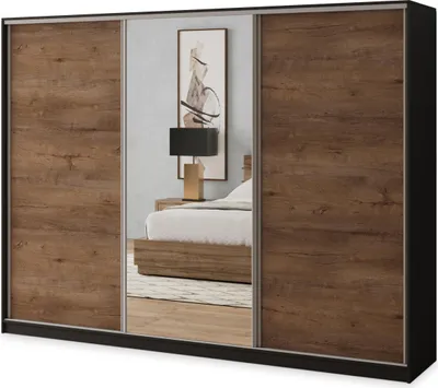 Produktbild von Masseno Schiebetürenschrank SORE 235/205/58 cm Kleiderschrank mit 4 Schubladen Schlafzimmer Schrank 3-türig mit Spiegel Schwarz / Eiche Lefkas