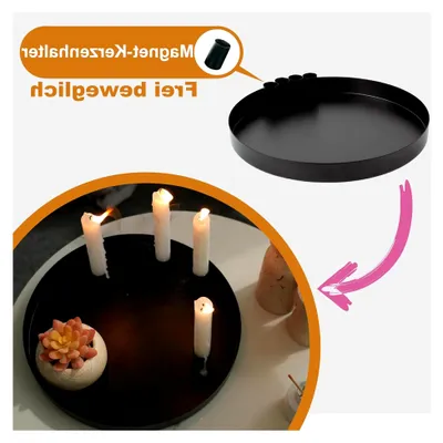 Produktbild von Dekotablett Ø30cm mit 4 Magnet Stabkerzenhaltern | Deko Tablett | Stabkerzenhalter | Kerzenständer | Kerzenhalter | Adventskranz | Weihnachten | Geschenkartikel | Schwarz