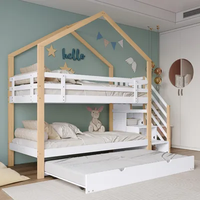 Produktbild von Sweiko Etagenbett, Ausziehbares Baumhausbett, Schiebebett, Treppe mit 3 Schubladen, Kinderbett mit Absturzsicherung und Kinderbettgitter, mit Lattenroste, Natur+Weiß (90x200cm&90x190cm)