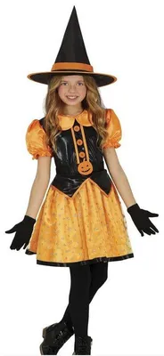 Produktbild von Hexe Halloween Kürbis Kostüm Hut Kleid Zauberhaft Schwarz Orange Magie Mystisch, Größe: 140/146 Farbe: Schwarz