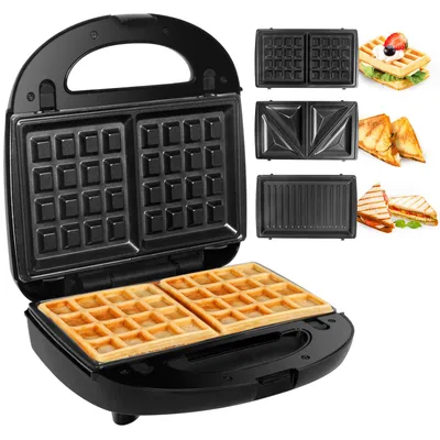 A collage showing a black sandwich maker with interchangeable plates for waffles, sandwiches, and panini, along with examples of the food items made.