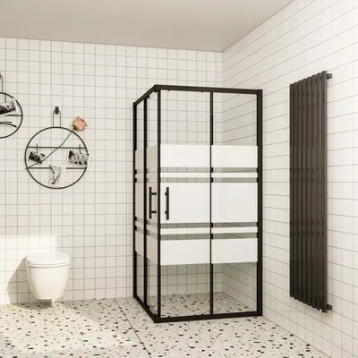 Produktbild von Duschparadies Duschkabine 80x80x195cm Mattschwarz Eckeinstieg Duschtür Schiebetür 6mm Nano ESG Glas mit Streifenglas