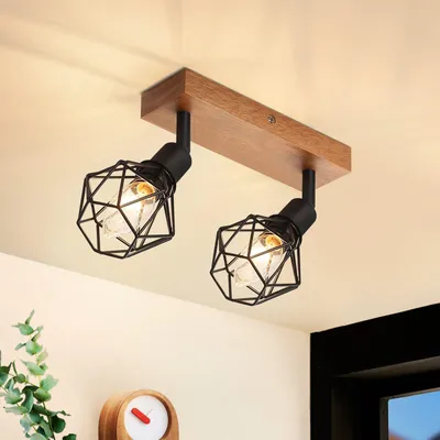 Image de ZMH Spot de plafond noir à 2 flammes, E14, style vintage, orientable à 350°, métal et bois, spot mural d'angle pour salon, couloir et chambre