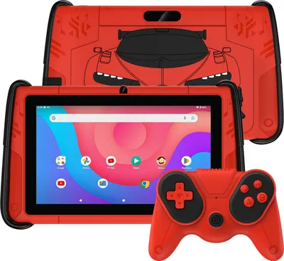 Produktbild von PRITOM 7" Android 12 Tablet für Kinder, 4 GB RAM 64 GB ROM, Kindersoftware vorinstalliert, WLAN, mit cooler Hülle in Sportwagenform, Rot