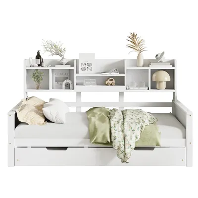 Immagine prodotto di Letto per bambini Abrihome 90x200cm con letto estraibile, divano letto letto in legno con scomparti e rete a doghe, bianco