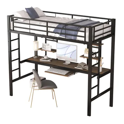 Produktbild von Hochbett mit Rausfallschutz, Lattenrost, Schreibtisch und Leiter, 90x200 cm, Metallbett, Kinderbett, Jugendbett