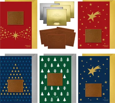 Produktbild von 5 Weihnachtskarten mit geprägter „Frohe Weihnachten“ Schokolade inkl. Umschläge, in silbernen und goldenen Schachteln | Gemischte Motive | Umschläge in Silber und Gold | CHOCO SECRETS