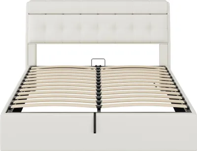 Zdjęcie produktu dla Łóżko tapicerowane, 160 x 200, łóżko hydrauliczne, schowek w podstawie łóżka, PU, ze stelażem listwowym i zagłówkiem, bez materaca, białe