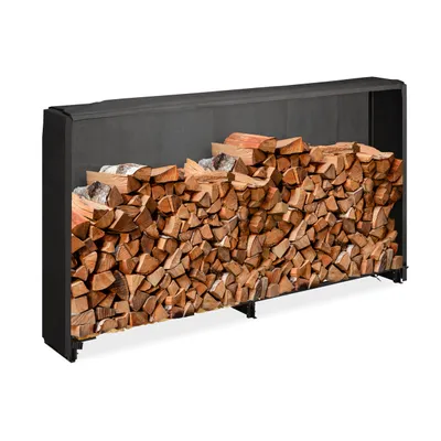 Image de Étagère à bois Relaxdays avec couvercle, pour bûches à partir de 25 cm, étagère à bois en fer, dimensions : 110 x 200 x 29 cm, noir
