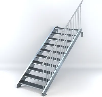 Produktbild von Stahltreppe 10 Stufen bis Höhe 200 cm, Laufbreite : 110 cm Geländer rechts ST 2 (31 / 31 mm gezackt)