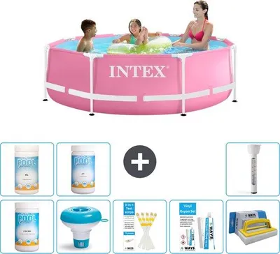 Produktbild von Intex Rond Frame Schwimmbecken - 244 x 76 cm - Rosa - Mit Chlorgenerator - Chlorgenerator - Teststreifen - Reparaturset - Bürstchen - pH-Wert - pH-Wert - Thermometer