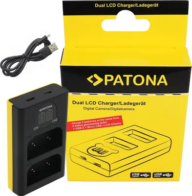 A product shot of a dual LCD charger and its packaging.