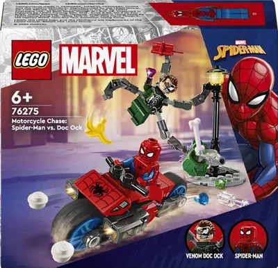 Produktbild von LEGO Marvel Motorrad-Verfolgungsjagd: Spider-Man vs. Doc Ock, Superhelden-Spielzeug für Kinder mit Figuren, Shootern und Web-Shooter, tolles Geschenk für Jungs und Mädchen ab 6 Jahren 76275